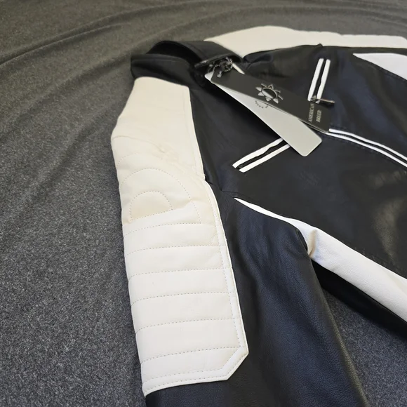 American Breed Mens Faux Leather Motorcycle Theme Jacket Size Medium Faux Fur - Picture 5 of 11